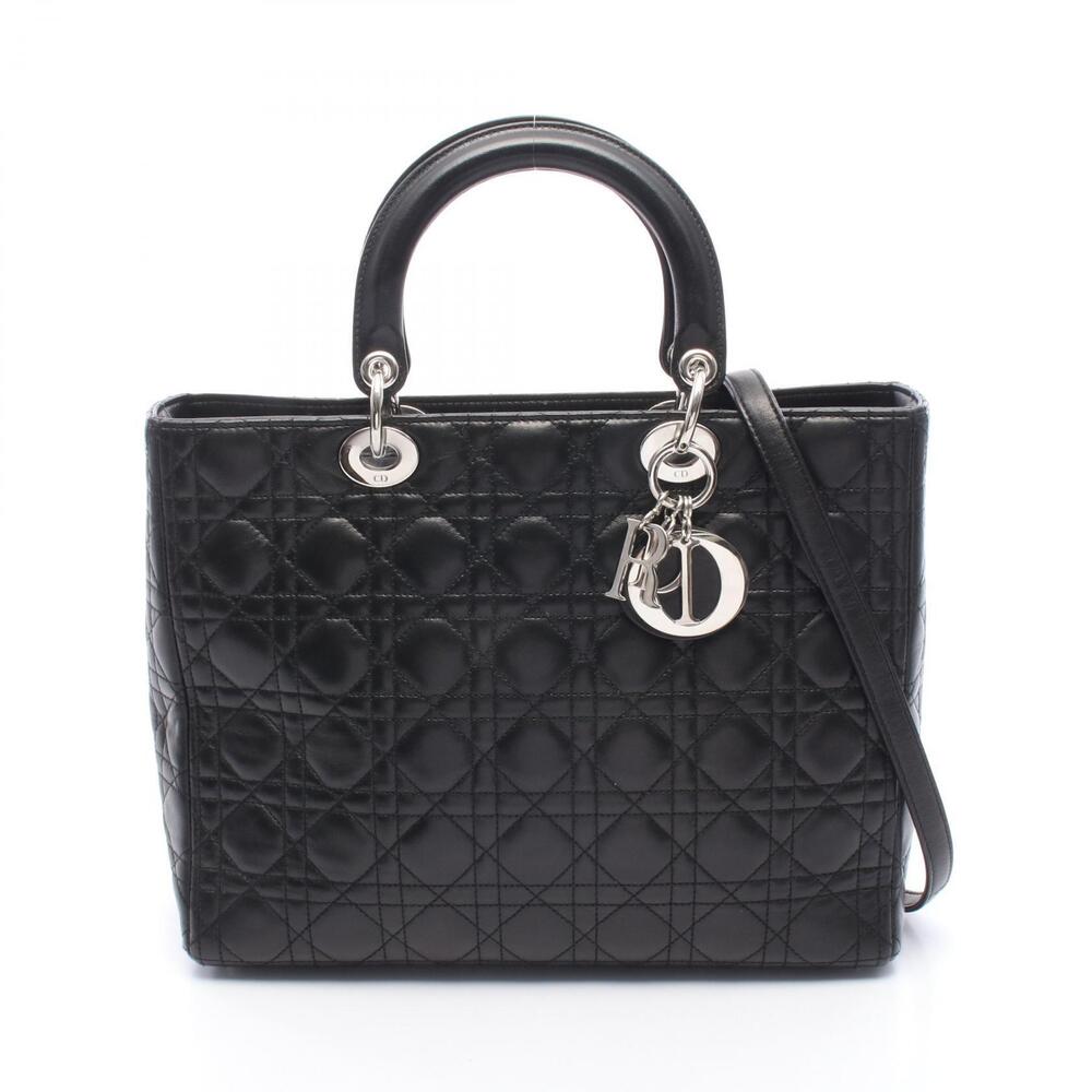 Christian Dior Lady Cannage Handbag Leather Black